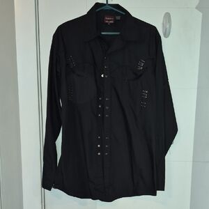 Men's Black Long-Sleeve Button-Down Shirt with Stud Accents